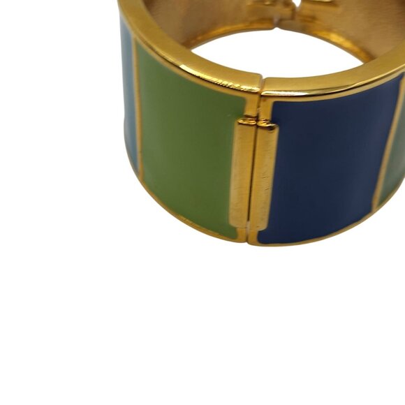 Green/Blue Enamel Gold Tone Chunky Bangle Cuff Bracelet Boho Cottage Cabincore - Picture 14 of 14